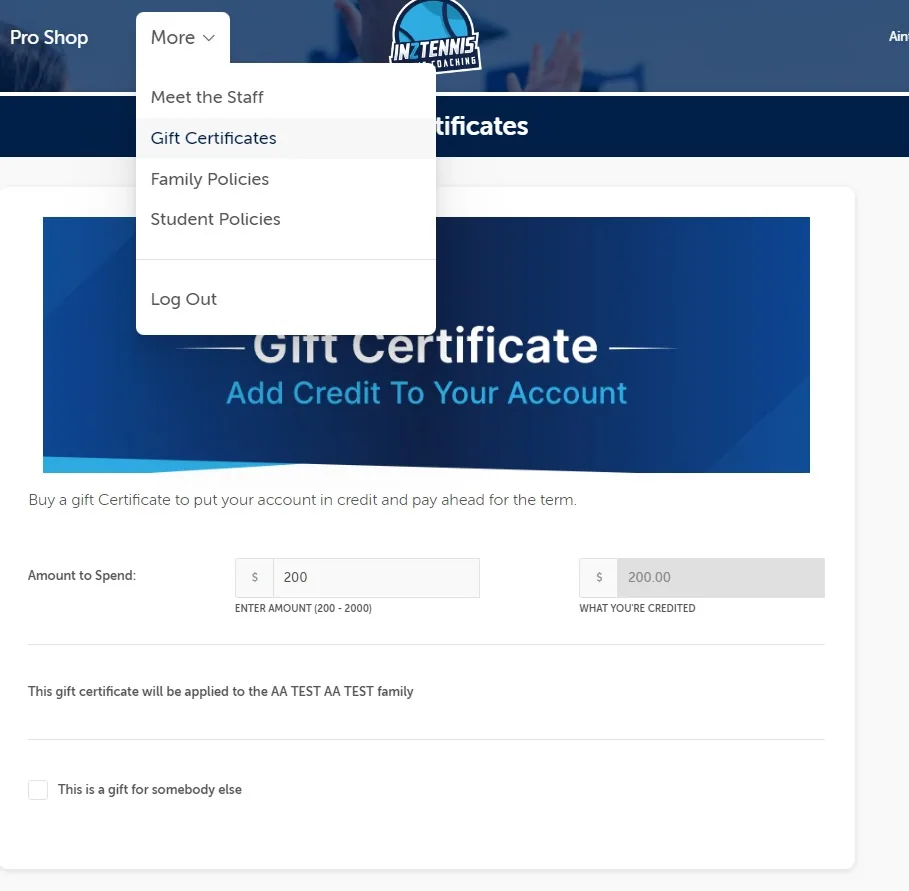 Gift certificate screen in iClassPro